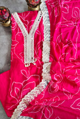 Chinnon Digital Print Mirror Glow Suit Set with Crochet Lacing Stole Dupatta